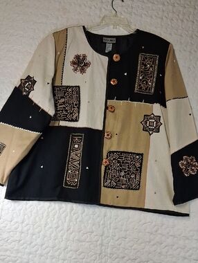 Indiho Moon Artisan Patchwork Embroidered Blazer - Black, Tan & Cream Size 2 X.s